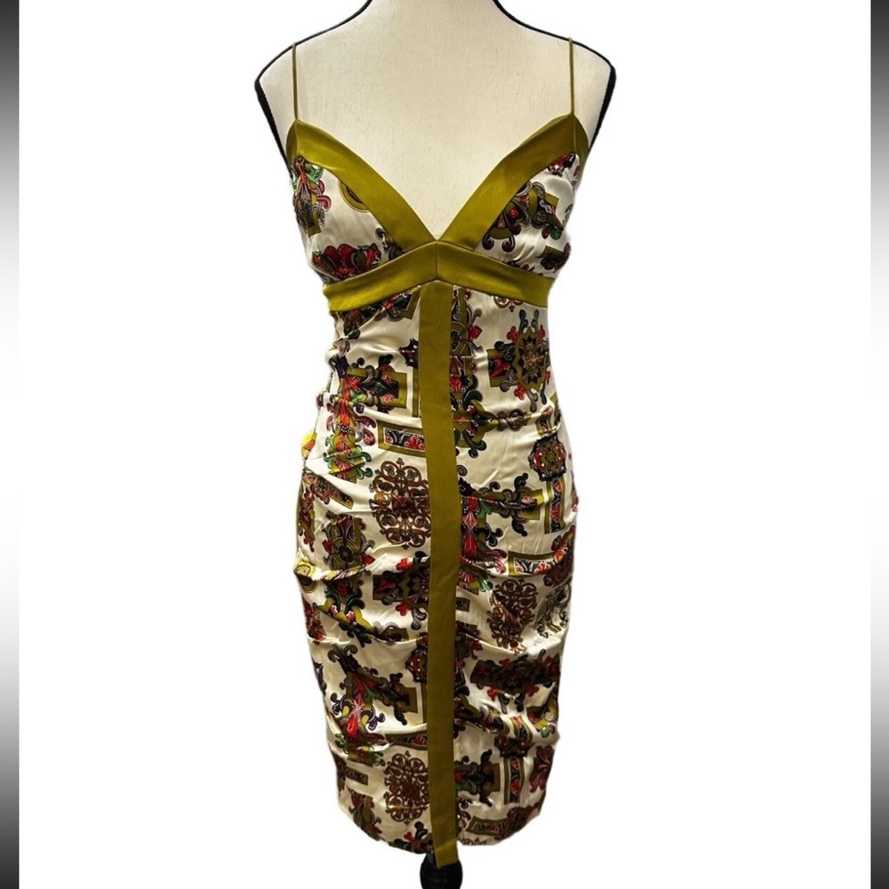 Nicole Miller Collection green medallion bronze  silk mini cocktail dress 4